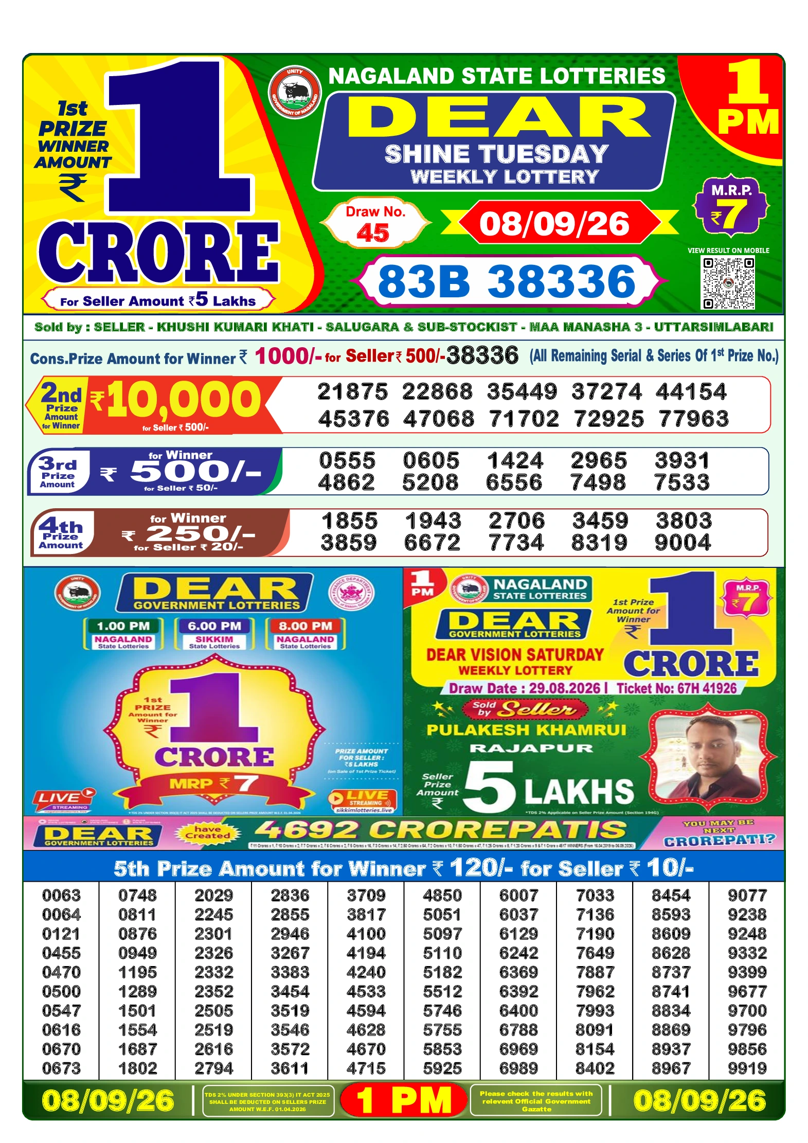 डियर लॉटरी 1 PM परिणाम – 08 सितंबर 2026
