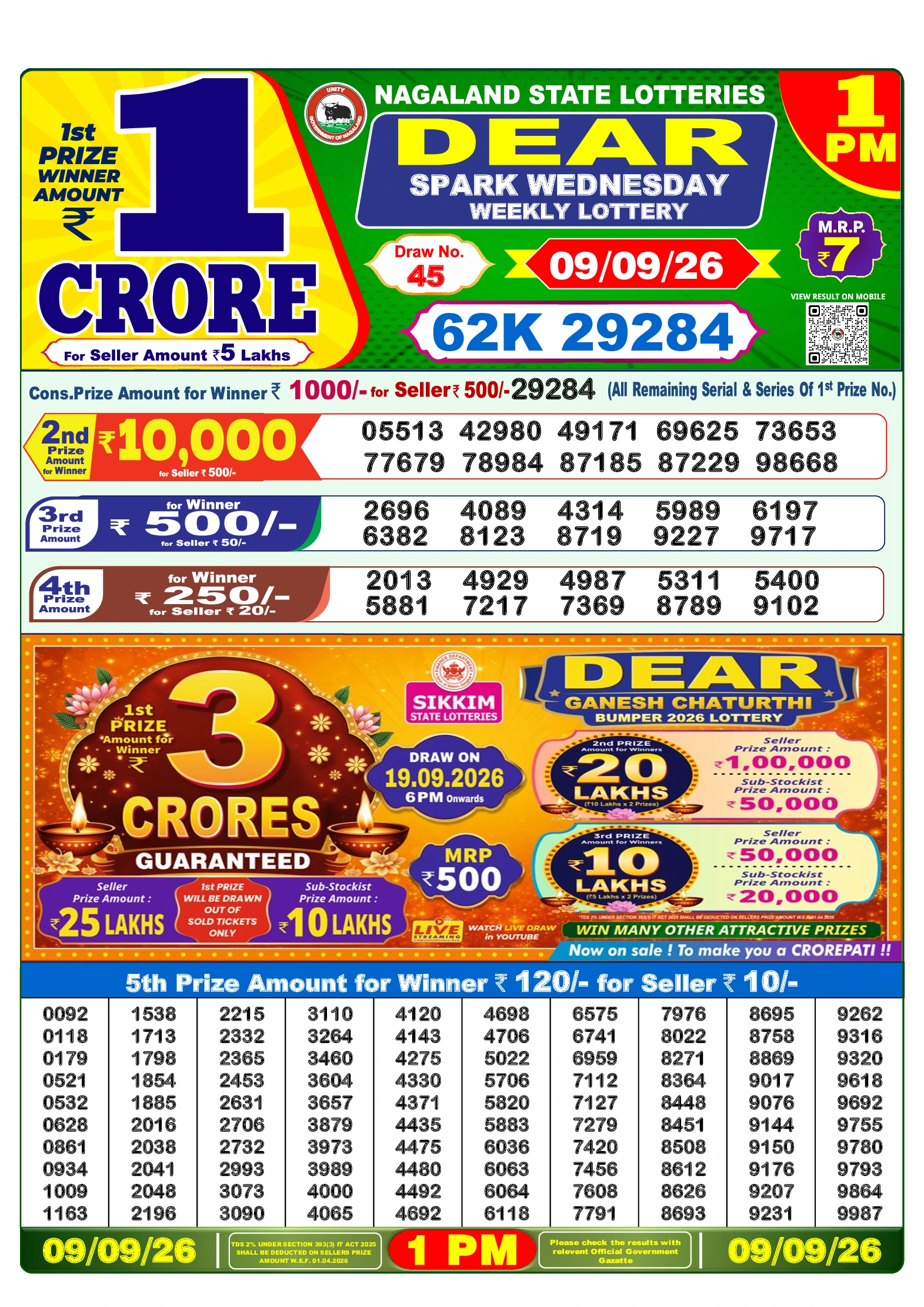डियर लॉटरी 1 PM परिणाम – 09 सितंबर 2026