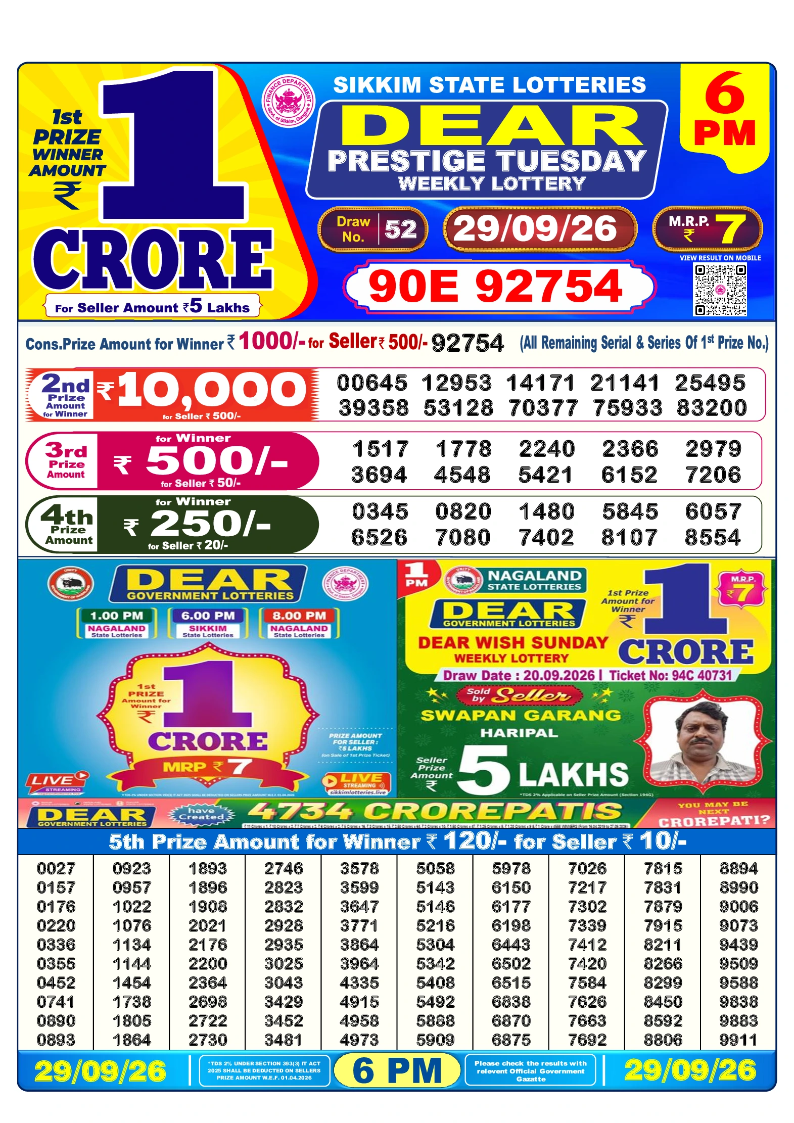 डियर लॉटरी शाम 6 बजे परिणाम – 29 सितंबर 2026